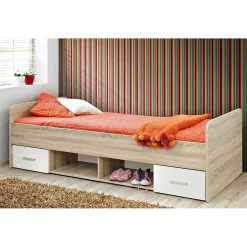 Lit enfant 90x200 collection DENVER. coloris chene et blanc. Tiroirs inclus