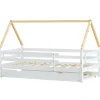 Lit enfant 90x200 et 90x190cm, cadre en bois massif, lit simple avec roulettes et lit gigogne, forme maison, blanc+naturelle