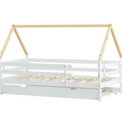 Lit enfant 90x200 et 90x190cm, cadre en bois massif, lit simple avec roulettes et lit gigogne, forme maison, blanc+naturelle