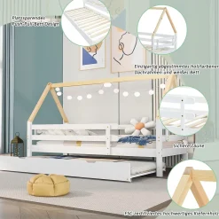 Lit enfant 90x200 et 90x190cm, cadre en bois massif, lit simple avec roulettes et lit gigogne, forme maison, blanc+naturelle