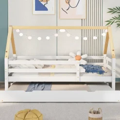 Lit enfant 90x200 et 90x190cm, cadre en bois massif, lit simple avec roulettes et lit gigogne, forme maison, blanc+naturelle