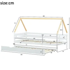 Lit enfant 90x200 et 90x190cm, cadre en bois massif, lit simple avec roulettes et lit gigogne, forme maison, blanc+naturelle