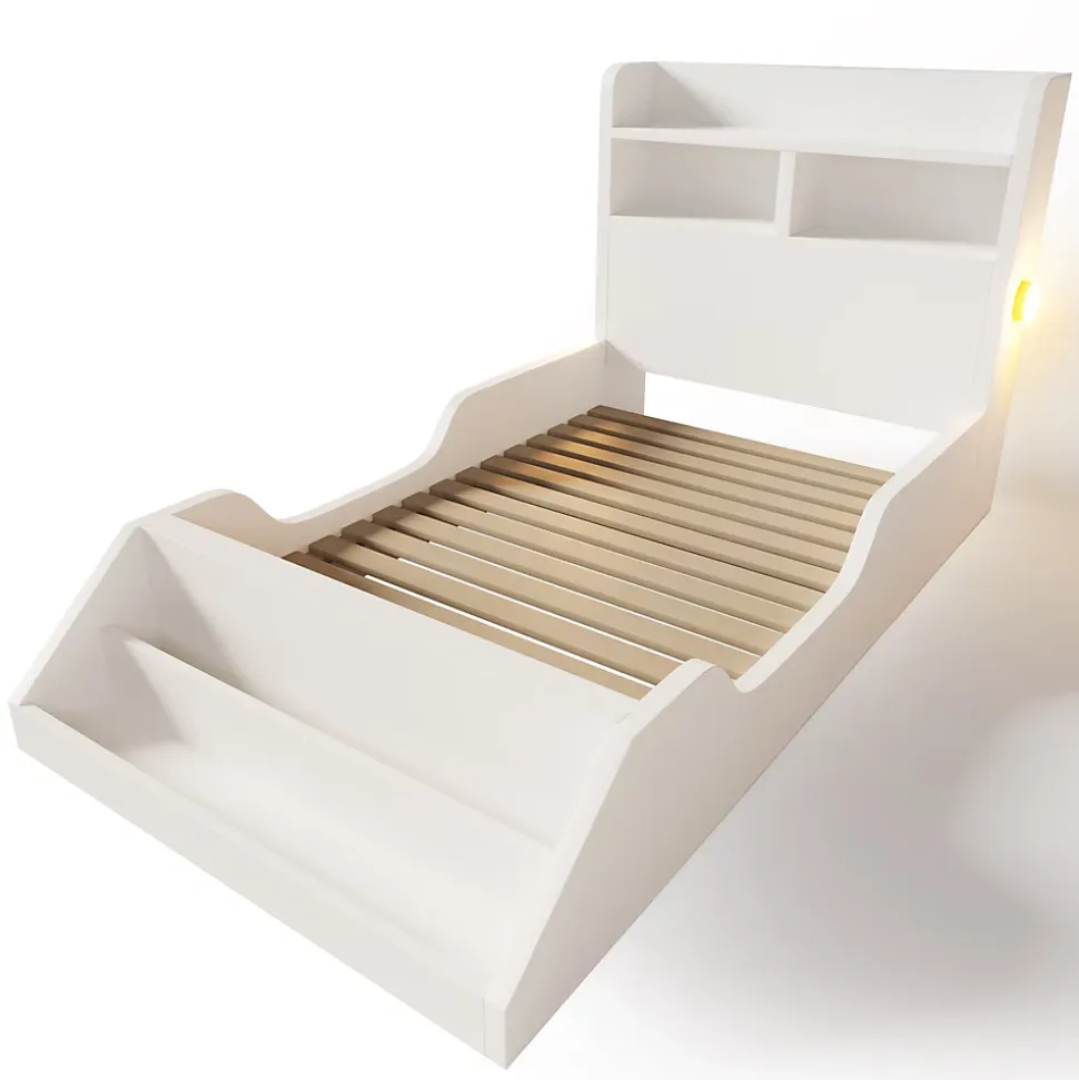 Lit enfant 90x200cm - avec bibliothèque amovible - tête de lit avec étagère - avec veilleuse - Blanc (sans matelas)
