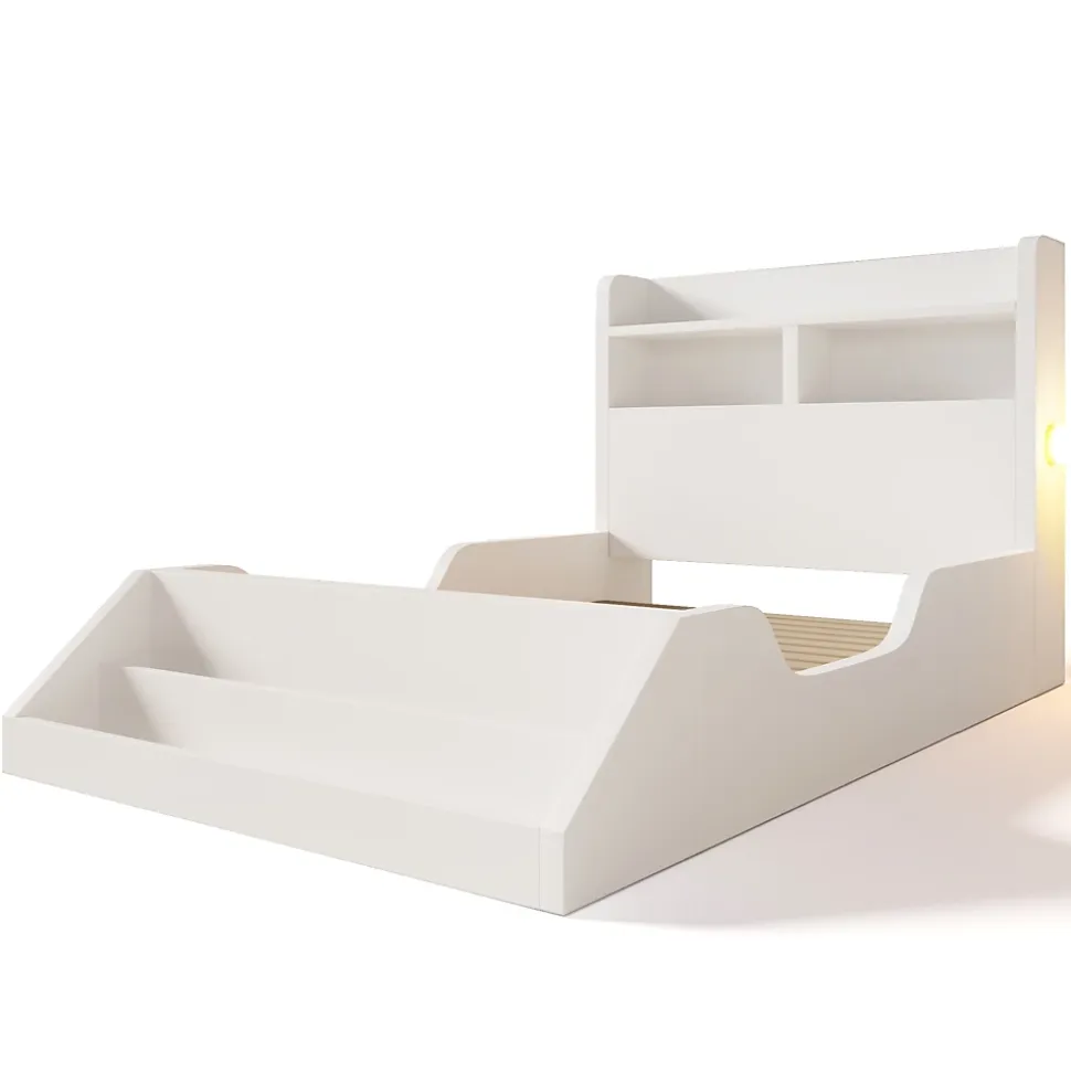 Lit enfant 90x200cm - avec bibliothèque amovible - tête de lit avec étagère - avec veilleuse - Blanc (sans matelas)