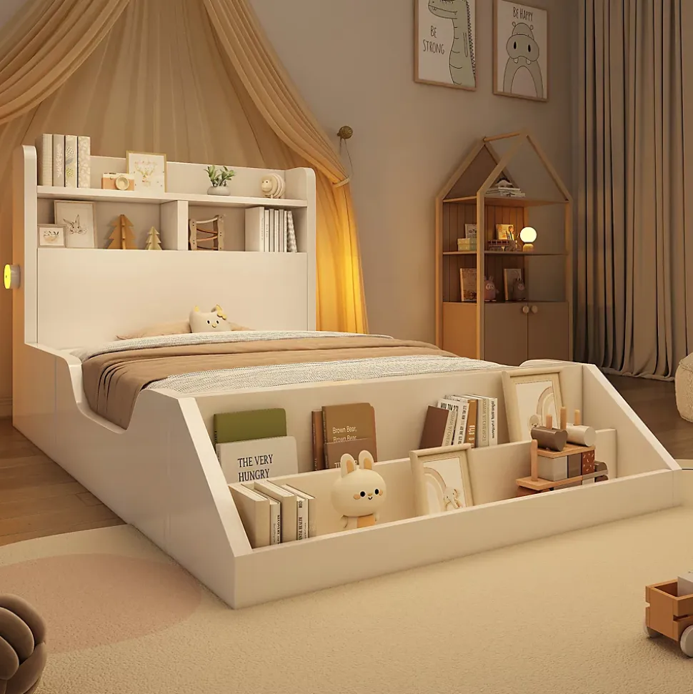 Lit enfant 90x200cm - avec bibliothèque amovible - tête de lit avec étagère - avec veilleuse - Blanc (sans matelas)