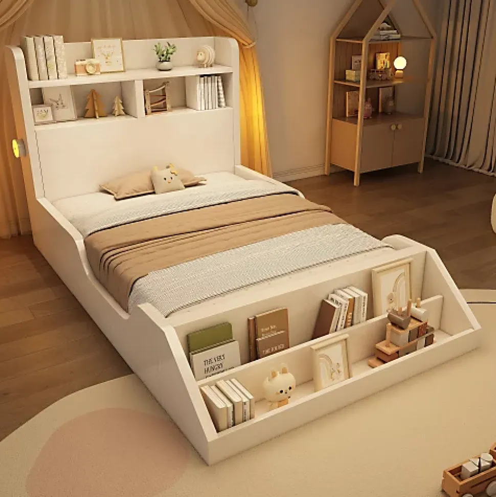 Lit enfant 90x200cm - avec bibliothèque amovible - tête de lit avec étagère - avec veilleuse - Blanc (sans matelas)