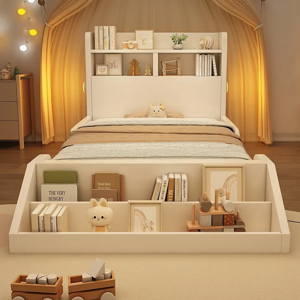 Lit enfant 90x200cm - avec bibliothèque amovible - tête de lit avec étagère - avec veilleuse - Blanc (sans matelas)