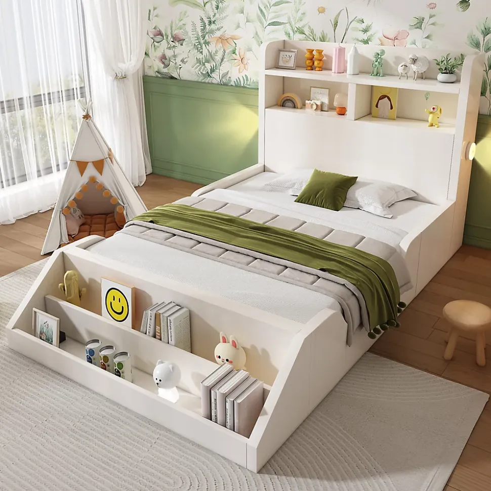 Lit enfant 90x200cm - avec bibliothèque amovible - tête de lit avec étagère - avec veilleuse - Blanc (sans matelas)