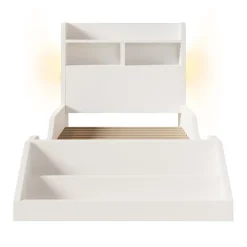 Lit enfant 90x200cm - avec bibliothèque amovible - tête de lit avec étagère - avec veilleuse - Blanc (sans matelas)