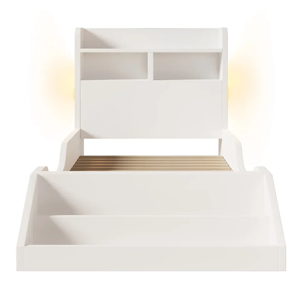 Lit enfant 90x200cm - avec bibliothèque amovible - tête de lit avec étagère - avec veilleuse - Blanc (sans matelas)