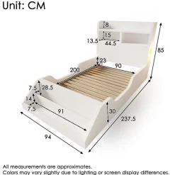 Lit enfant 90x200cm - avec bibliothèque amovible - tête de lit avec étagère - avec veilleuse - Blanc (sans matelas)