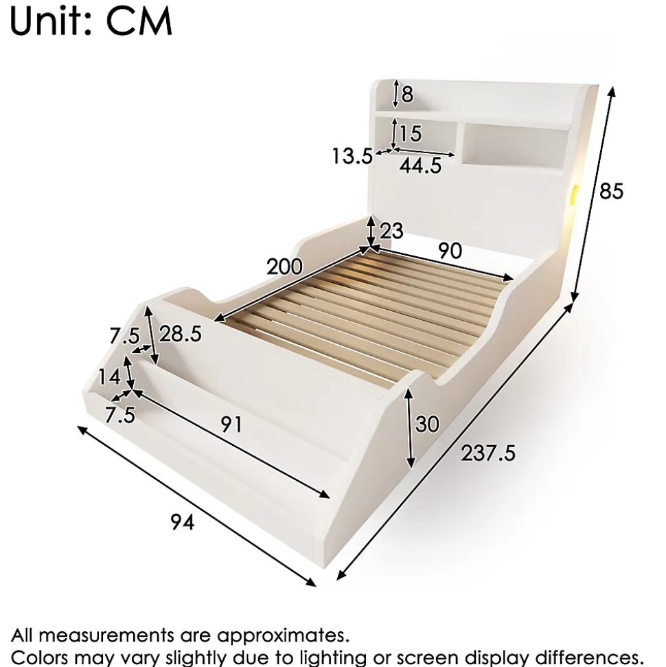 Lit enfant 90x200cm - avec bibliothèque amovible - tête de lit avec étagère - avec veilleuse - Blanc (sans matelas)