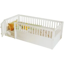 Lit enfant 90x200cm - cadre en bois - barrières de sécurité - porte - blanc (sommier non inclus)