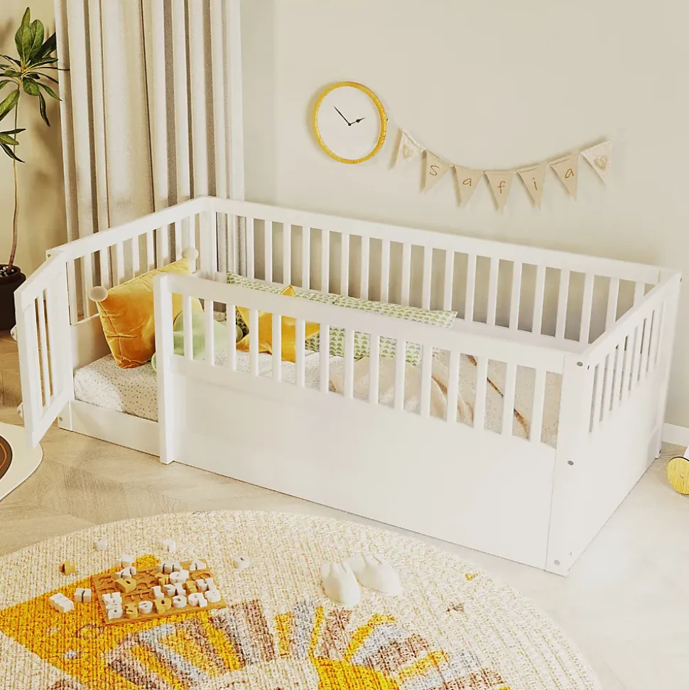 Lit enfant 90x200cm - cadre en bois - barrières de sécurité - porte - blanc (sommier non inclus)