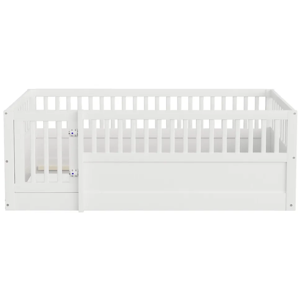 Lit enfant 90x200cm - cadre en bois - barrières de sécurité - porte - blanc (sommier non inclus)