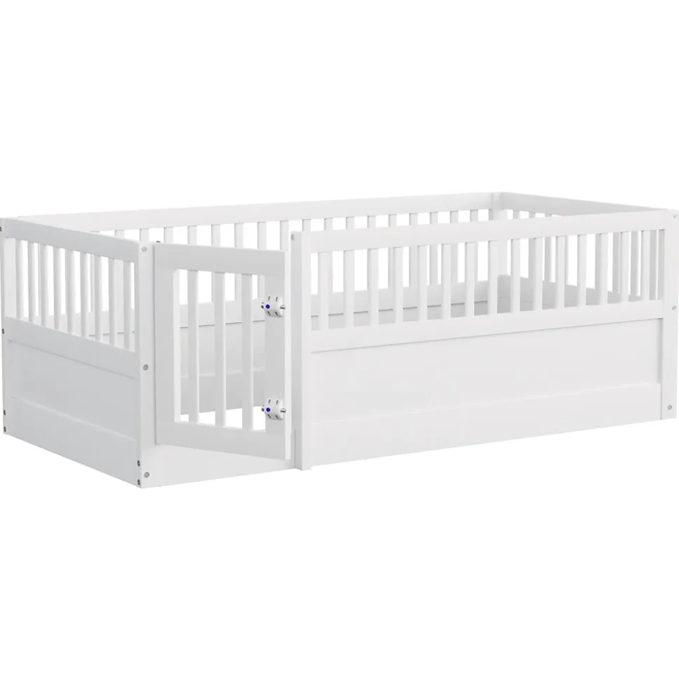 Lit enfant 90x200cm - cadre en bois - barrières de sécurité - porte - blanc (sommier non inclus)