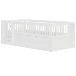 Lit enfant 90x200cm - cadre en bois - barrières de sécurité - porte - blanc (sommier non inclus)