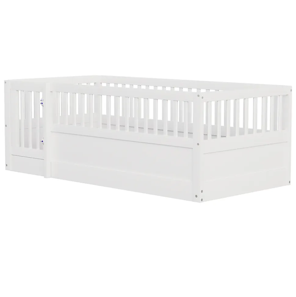 Lit enfant 90x200cm - cadre en bois - barrières de sécurité - porte - blanc (sommier non inclus)