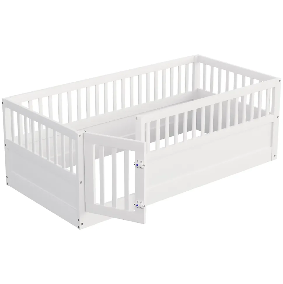 Lit enfant 90x200cm - cadre en bois - barrières de sécurité - porte - blanc (sommier non inclus)