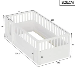 Lit enfant 90x200cm - cadre en bois - barrières de sécurité - porte - blanc (sommier non inclus)