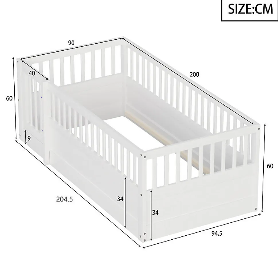 Lit enfant 90x200cm - cadre en bois - barrières de sécurité - porte - blanc (sommier non inclus)