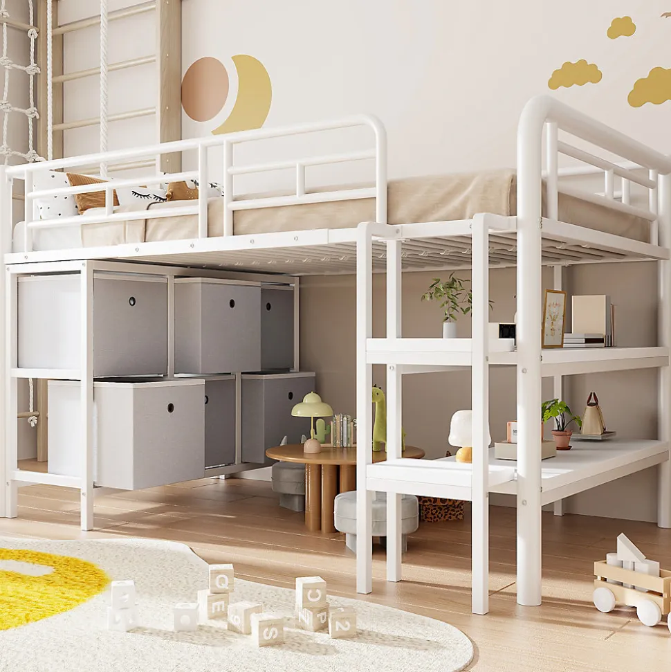 Lit enfant 90x200cm - escalier - étagères - rangements - blanc (matelas non inclus)