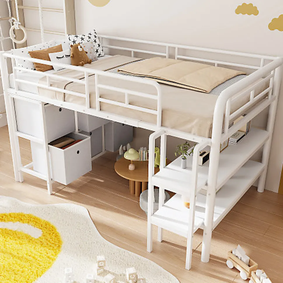 Lit enfant 90x200cm - escalier - étagères - rangements - blanc (matelas non inclus)