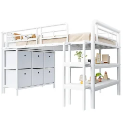 Lit enfant 90x200cm - escalier - étagères - rangements - blanc (matelas non inclus)
