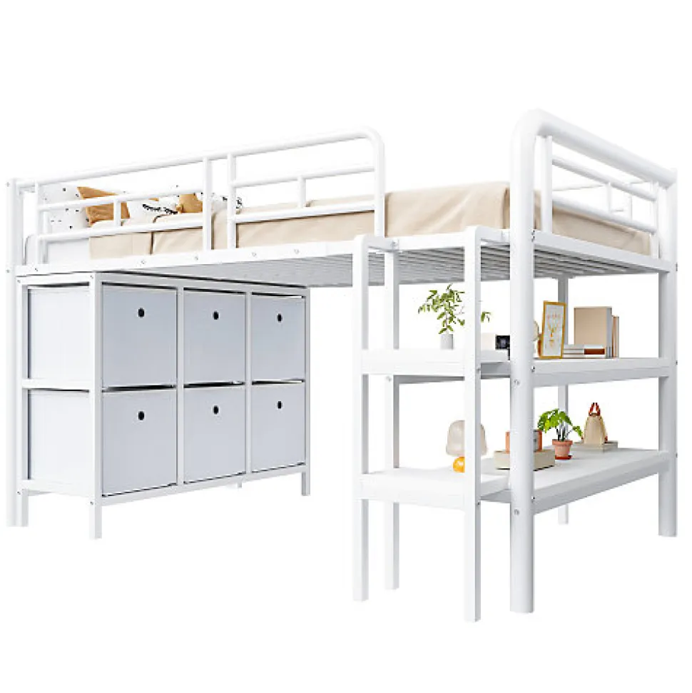 Lit enfant 90x200cm - escalier - étagères - rangements - blanc (matelas non inclus)
