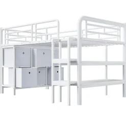 Lit enfant 90x200cm - escalier - étagères - rangements - blanc (matelas non inclus)