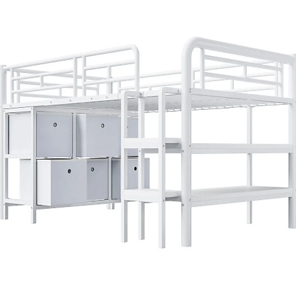 Lit enfant 90x200cm - escalier - étagères - rangements - blanc (matelas non inclus)