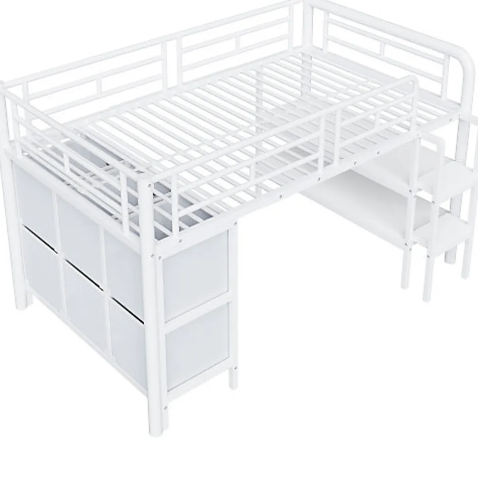 Lit enfant 90x200cm - escalier - étagères - rangements - blanc (matelas non inclus)
