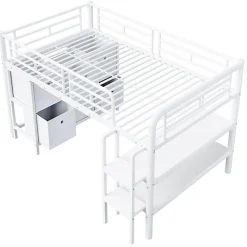 Lit enfant 90x200cm - escalier - étagères - rangements - blanc (matelas non inclus)