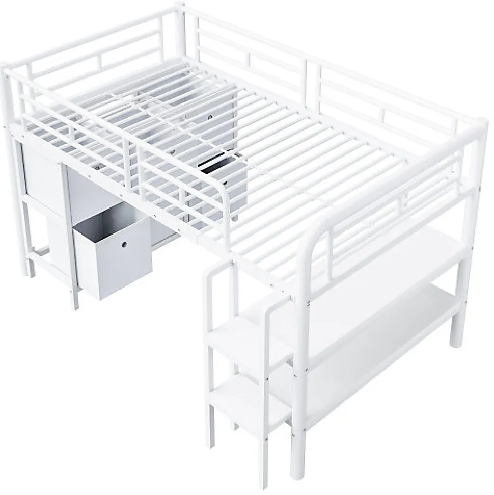 Lit enfant 90x200cm - escalier - étagères - rangements - blanc (matelas non inclus)