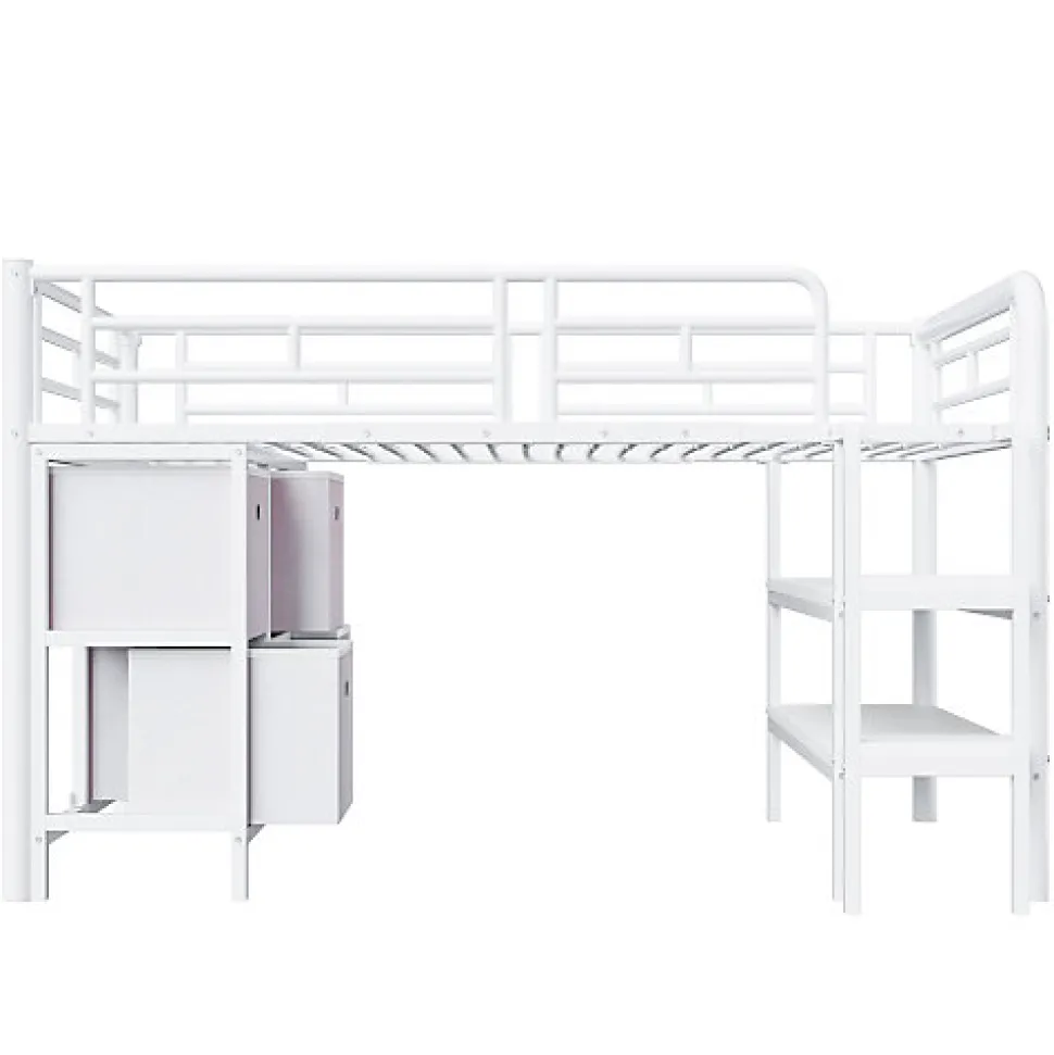 Lit enfant 90x200cm - escalier - étagères - rangements - blanc (matelas non inclus)
