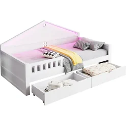 Lit enfant 90x200cm - LED - 2 tiroirs - sommier à lattes - blanc (matelas non inclus)