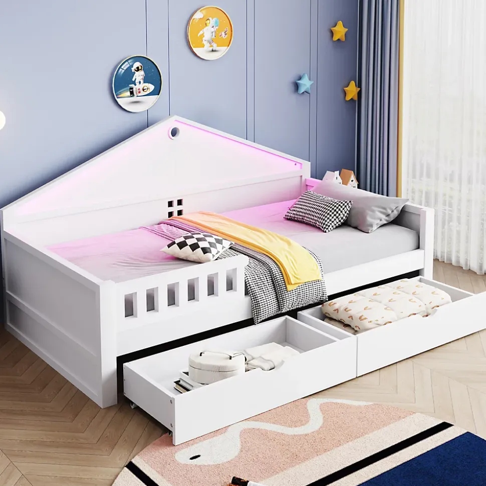 Lit enfant 90x200cm - LED - 2 tiroirs - sommier à lattes - blanc (matelas non inclus)