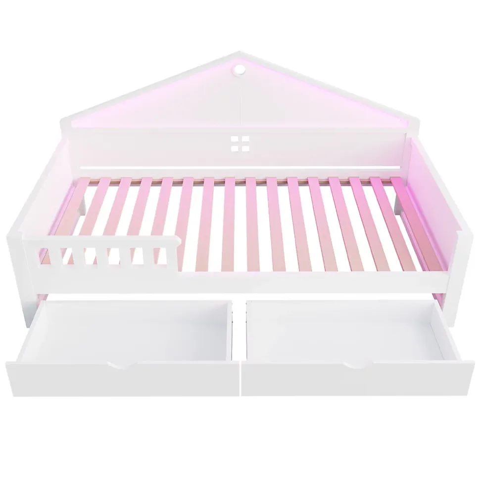 Lit enfant 90x200cm - LED - 2 tiroirs - sommier à lattes - blanc (matelas non inclus)