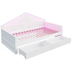 Lit enfant 90x200cm - LED - 2 tiroirs - sommier à lattes - blanc (matelas non inclus)