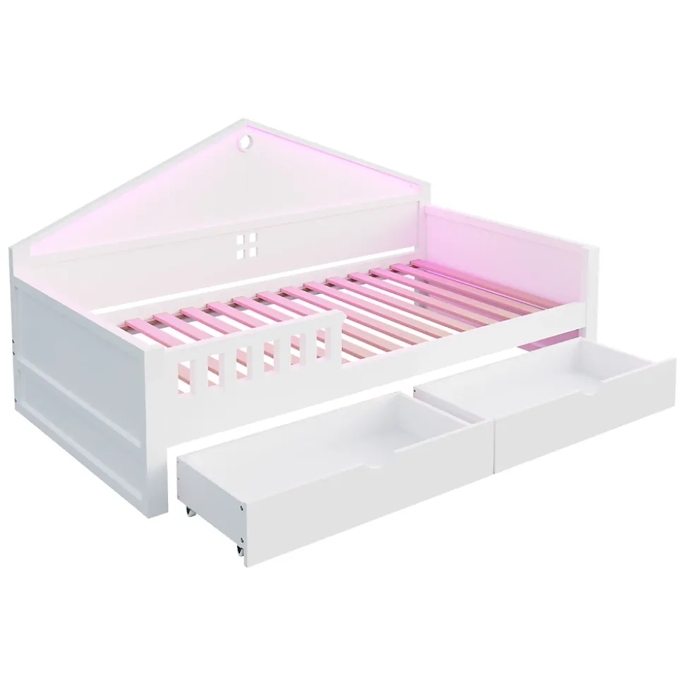 Lit enfant 90x200cm - LED - 2 tiroirs - sommier à lattes - blanc (matelas non inclus)