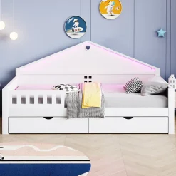 Lit enfant 90x200cm - LED - 2 tiroirs - sommier à lattes - blanc (matelas non inclus)