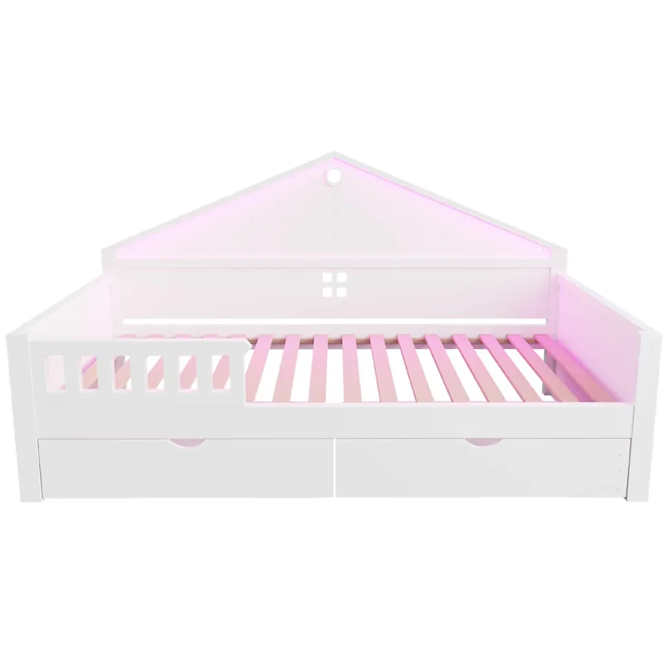 Lit enfant 90x200cm - LED - 2 tiroirs - sommier à lattes - blanc (matelas non inclus)