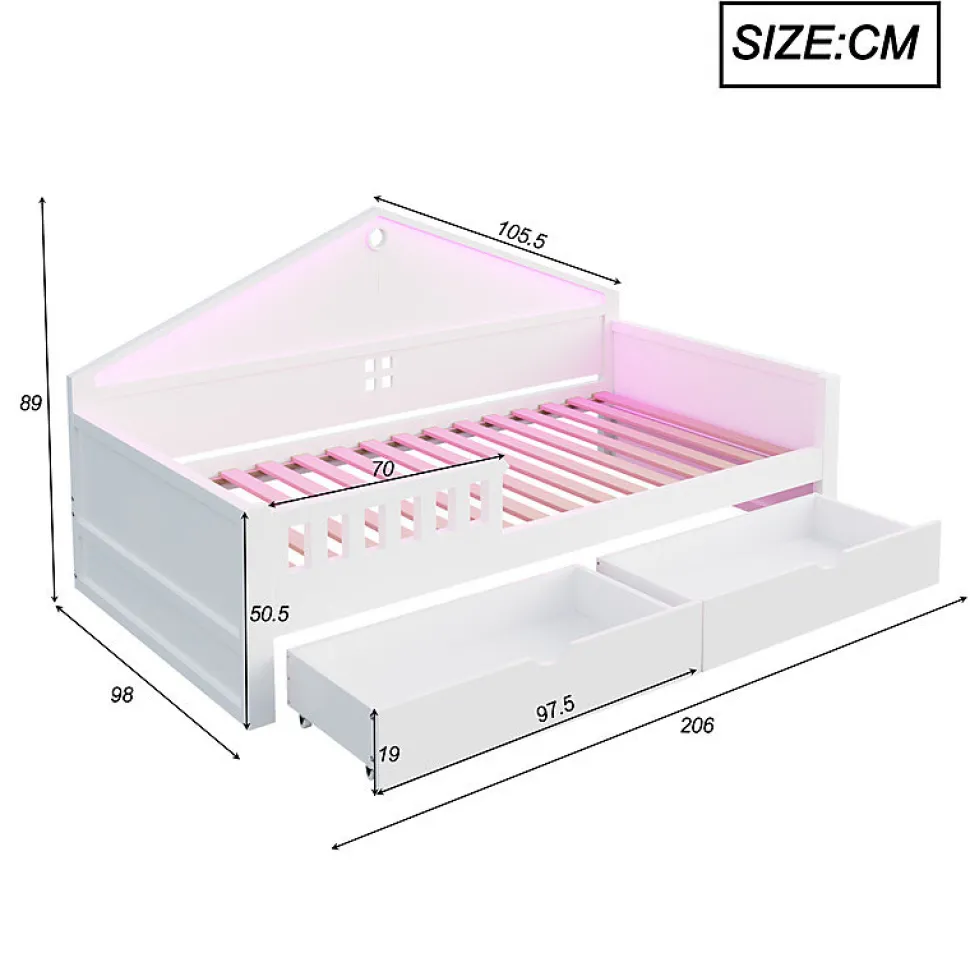 Lit enfant 90x200cm - LED - 2 tiroirs - sommier à lattes - blanc (matelas non inclus)