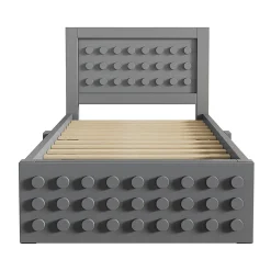 Lit enfant 90x200cm bois massif, rangement tiroirs, gris, design blocs, sans matelas