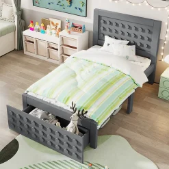 Lit enfant 90x200cm bois massif, rangement tiroirs, gris, design blocs, sans matelas