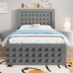 Lit enfant 90x200cm bois massif, rangement tiroirs, gris, design blocs, sans matelas