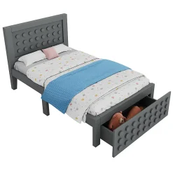 Lit enfant 90x200cm bois massif, rangement tiroirs, gris, design blocs, sans matelas