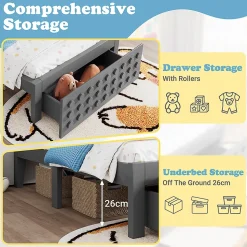 Lit enfant 90x200cm bois massif, rangement tiroirs, gris, design blocs, sans matelas