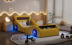 Lit Enfant 90x200cm, Forme Voiture, Roues Lumineuses, Rangement, Sans Matelas, Jaune