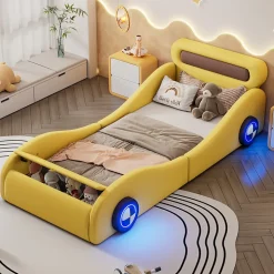 Lit Enfant 90x200cm, Forme Voiture, Roues Lumineuses, Rangement, Sans Matelas, Jaune
